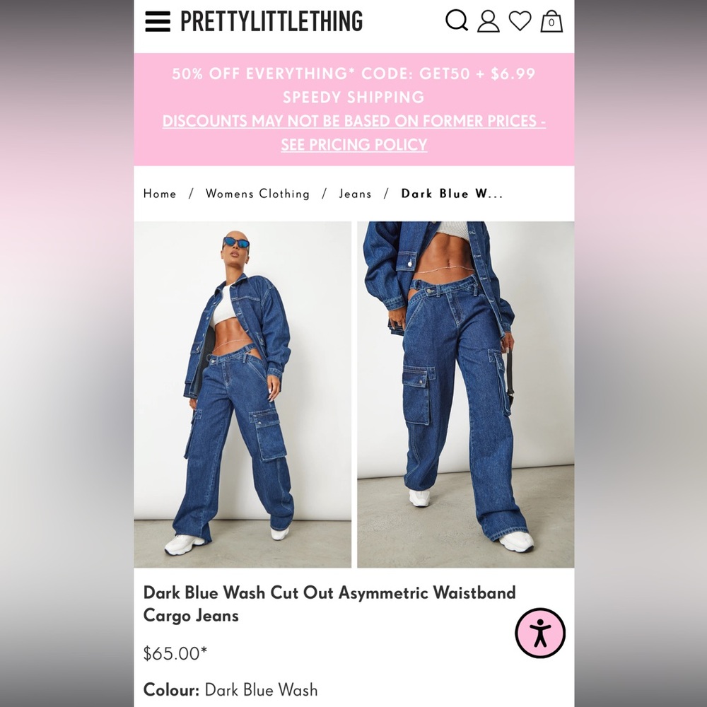 Prettylittlething, cut out asymmetrical waistband cargo jeans